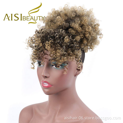 Aisi Beauty New Design Wholesale Mixed Brown Blonde Fluffy Puff Hairpiece Extension With Bangs Curly Afro Kinky Afro Hair Bun